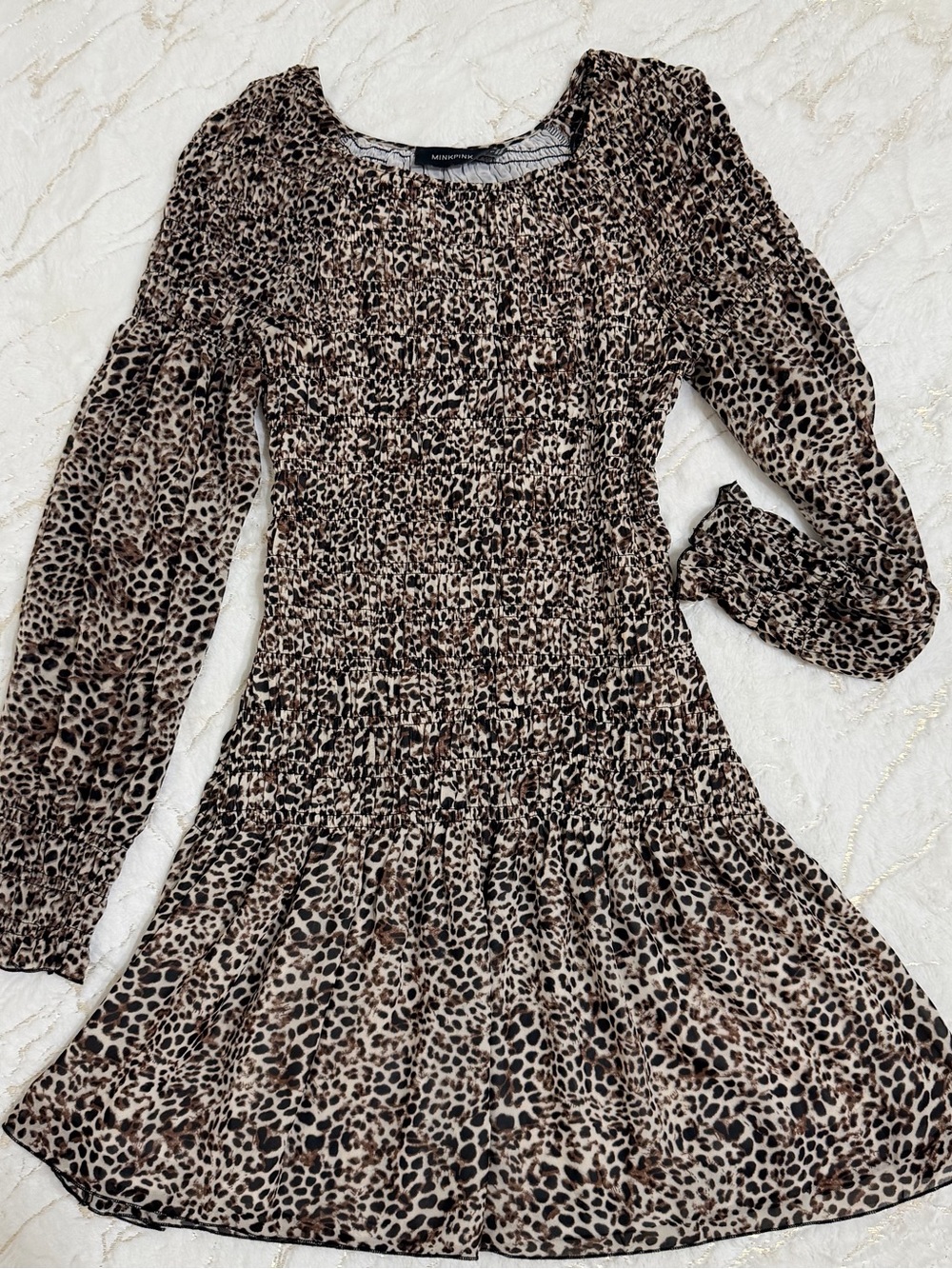 MINKPINK Leopard Print Long-Sleeve Smocked Dress - Brown/Tan